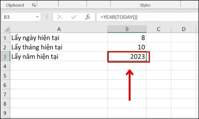 Kết quả trả về khi lấy năm hiện tại