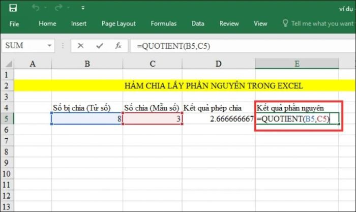 hàm chia lấy phần nguyên trong excel