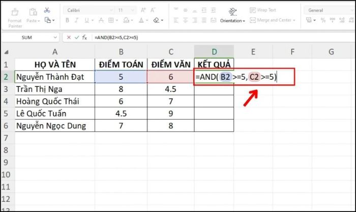 Hàm AND với hai điều kiện cần kiểm tra