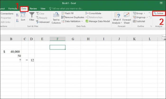 Truy cập vào Data, chọn Analysis và nhấn vào Solver