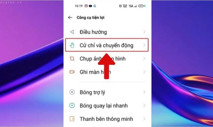 Chọn mục Cử chỉ và Chuyển động