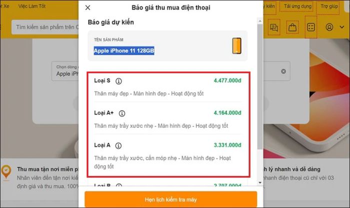Xem các mức giá mà website đề xuất
