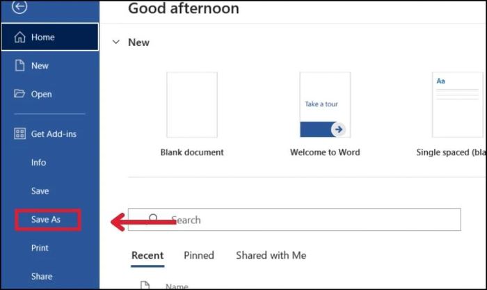 Chọn mục Save As trên giao diện của Word để tiến hành lưu file.