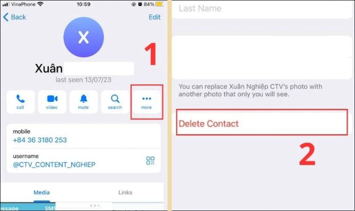 Nhấn vào ảnh hoặc tên người dùng, chọn dấu ba chấm và nhấn vào mục Delete contact