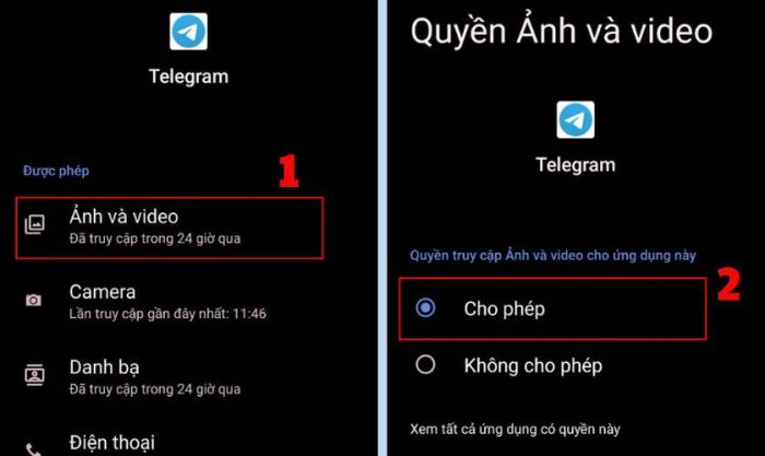 Nhấn vào Ảnh và Video và chọn Cho phép để tải video Telegram