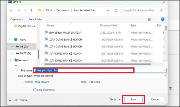 Thực hiện việc thay đổi tên file Word và lưu lại như mong muốn.