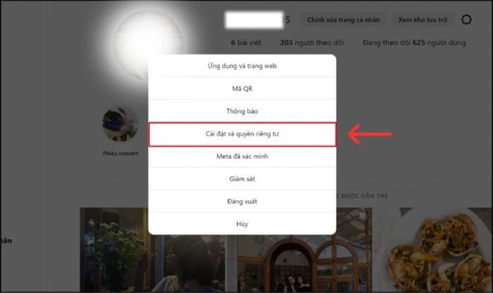 Nhấn chọn Cài đặt và Quyền Riêng Tư