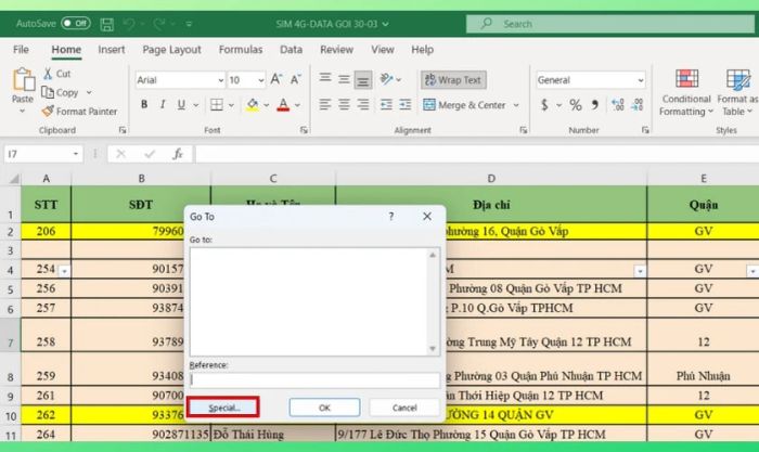cách xóa dòng trống trong excel xen kẽ bằng phím tắt ctrl g
