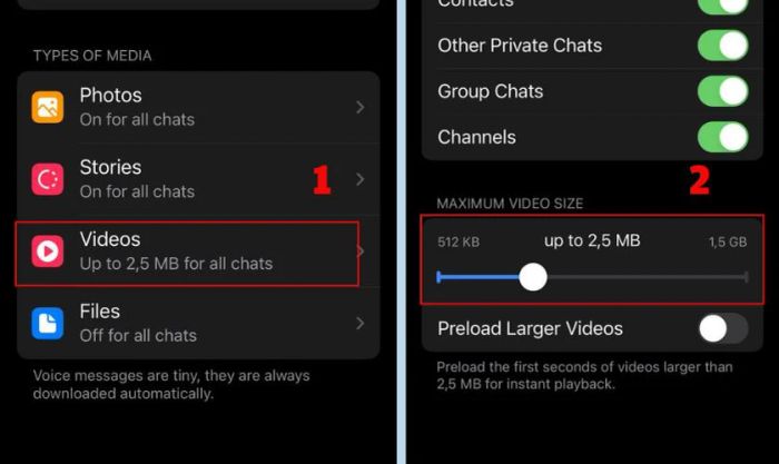 Tùy chỉnh kích thước file trong mục Maximum Video Size của Videos