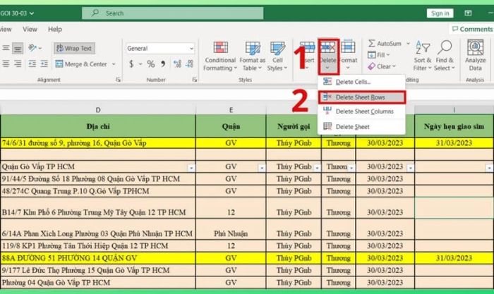 chọn delete sheet rows để xóa dòng