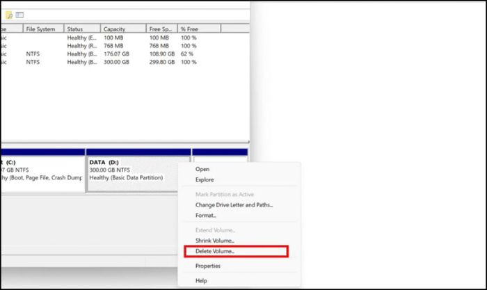 Để định dạng toàn bộ, nhấn chuột phải và chọn Delete Volume