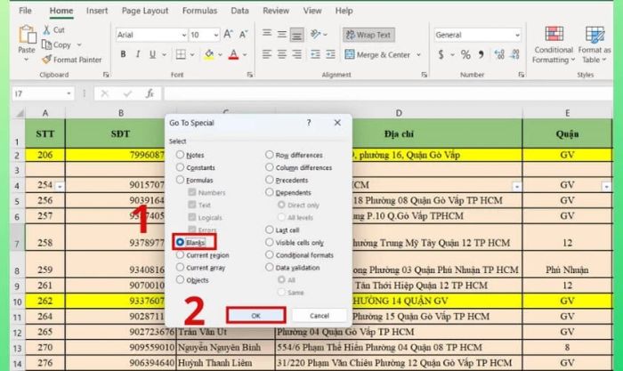 xóa những dòng trống xen kẽ trong excel