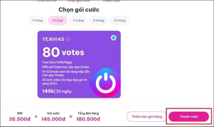 Chọn gói cước phù hợp và nhấn Thanh toán