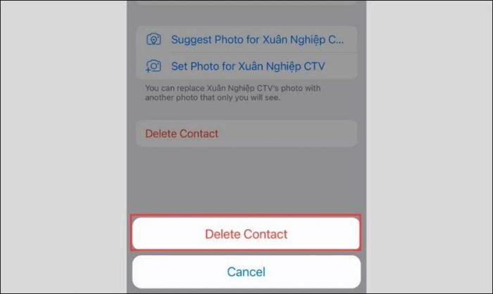 Nhấn Delete contact để xác nhận việc hủy kết bạn