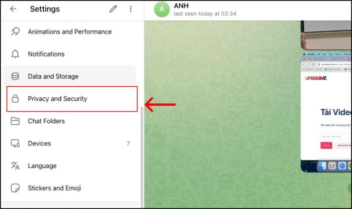 Nhấn vào Privacy and Security để tiếp tục