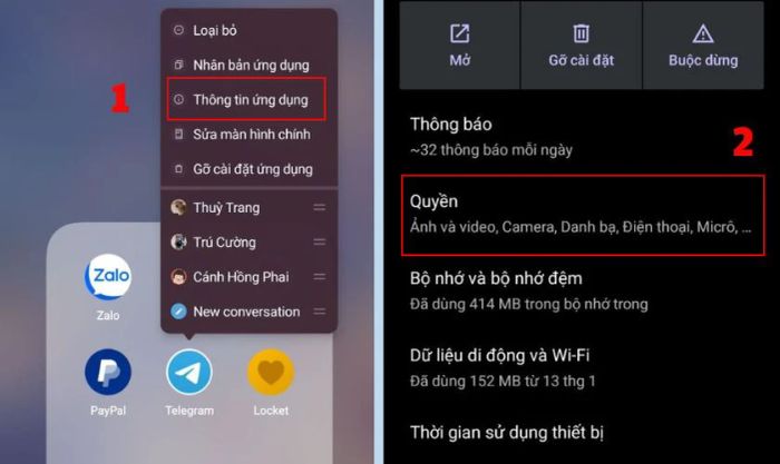Chọn mục Quyền trong phần Thông tin ứng dụng