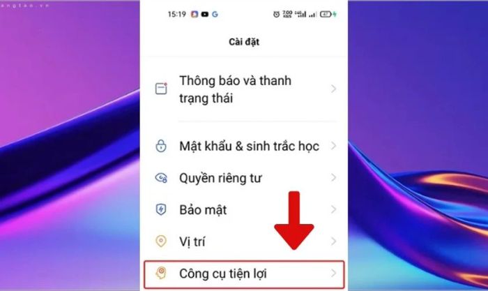 Truy cập Cài đặt và chọn mục Công cụ tiện lợi