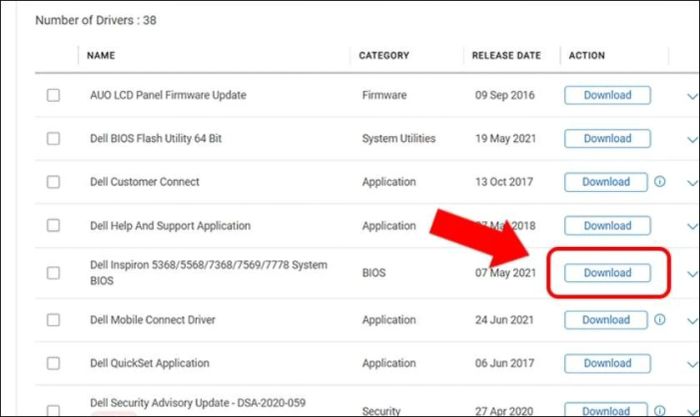 Tiếp theo, bạn hãy kéo xuống và tìm phiên bản BIOS mới nhất, sau đó nhấn vào Download