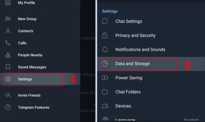 Chọn phần Cài đặt và nhấn vào mục Data and Storage