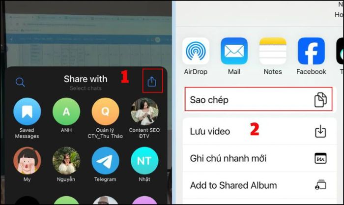 Chọn nút chia sẻ và nhấn Sao chép để lấy link