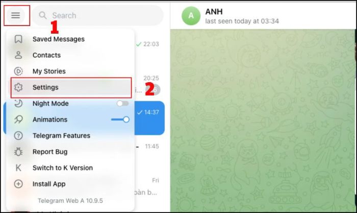 Truy cập vào phần Settings của Telegram