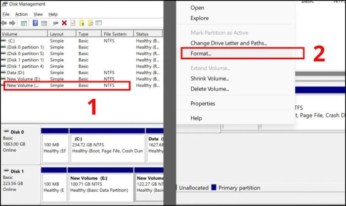Chọn ổ cứng muốn định dạng, nhấn chuột phải và chọn Format