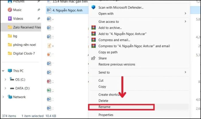 Sử dụng tính năng Rename để đổi tên file Word trên PC