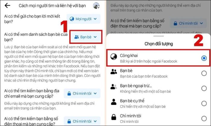 Nhấn vào ô Bạn bè và chọn Công khai