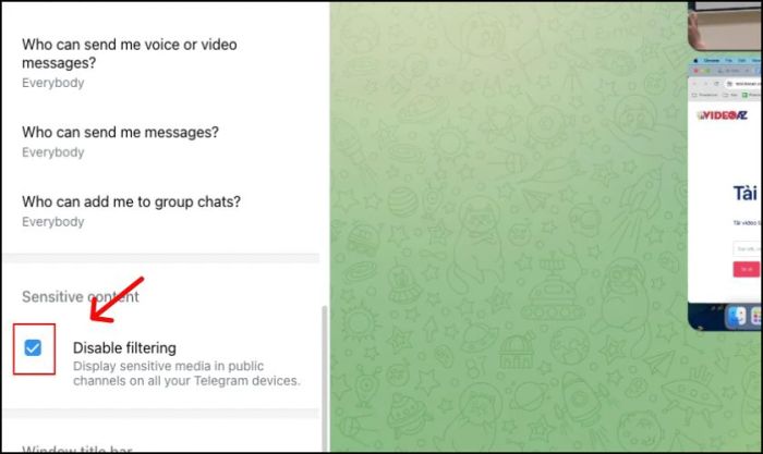 Nhấn chọn mục Disable filtering để hoàn thành việc tải video Telegram