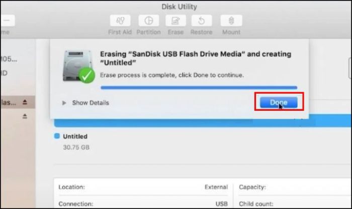 Sau khi hoàn tất quá trình Format, bạn nhấn Done
