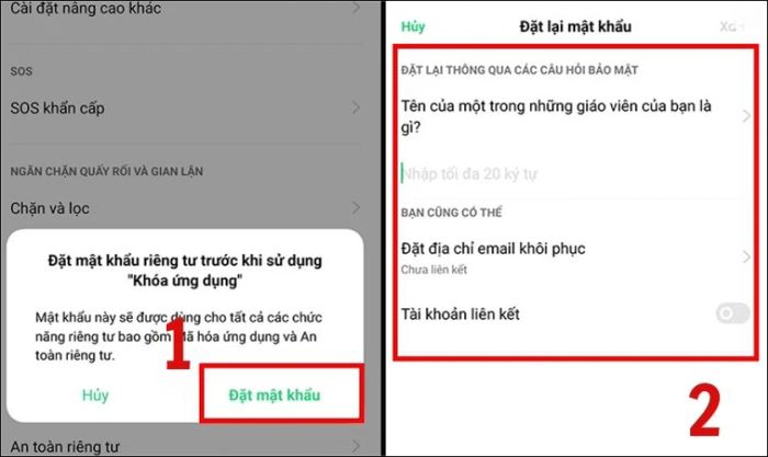 Nhấn vào mục Đặt mật khẩu để tiến hành khóa ứng dụng trên điện thoại OPPO