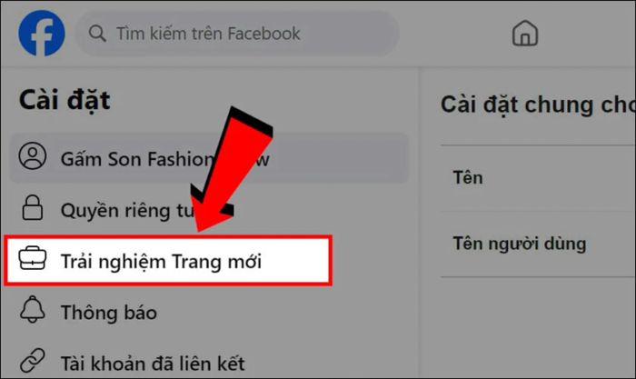 Chọn mục Trải nghiệm trang mới