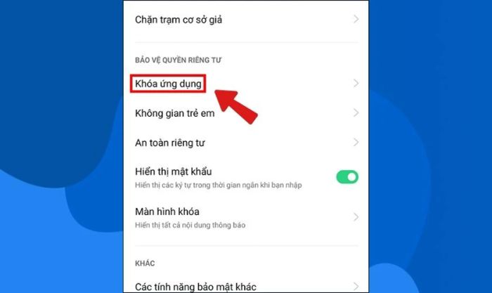 Nhấn chọn vào phần Khóa ứng dụng