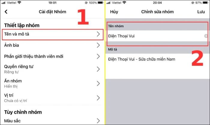 Trong Thiết lập nhóm, chọn Tên và mô tả
