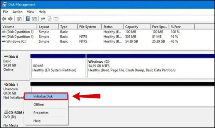 Nhấp chuột phải vào ổ cứng và chọn Initialize Disk