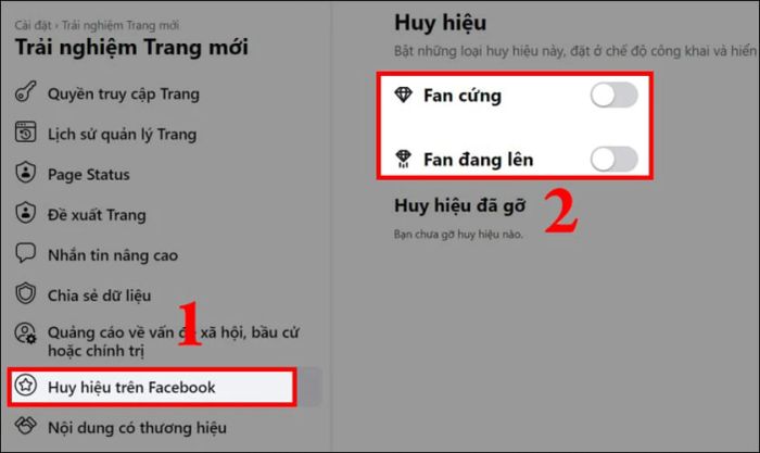 Chọn mục Huy hiệu trên Facebook và kích hoạt huy hiệu Fan cứng