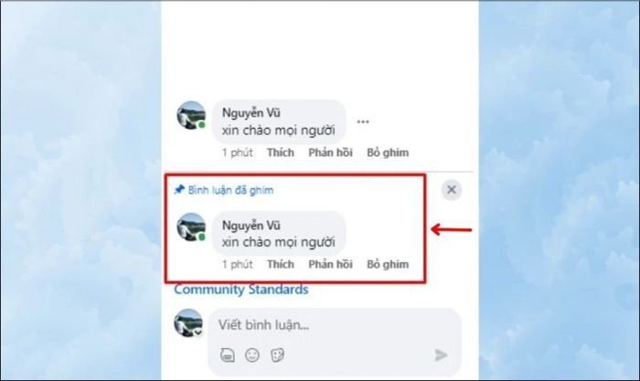 Nhấn vào mục Ghim dưới bình luận