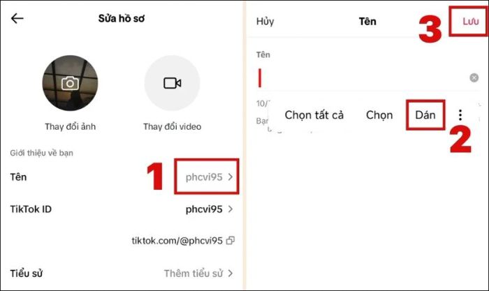 Tại ô nhập tên, bạn nhấn giữ và chọn Dán để thêm ký tự đặc biệt