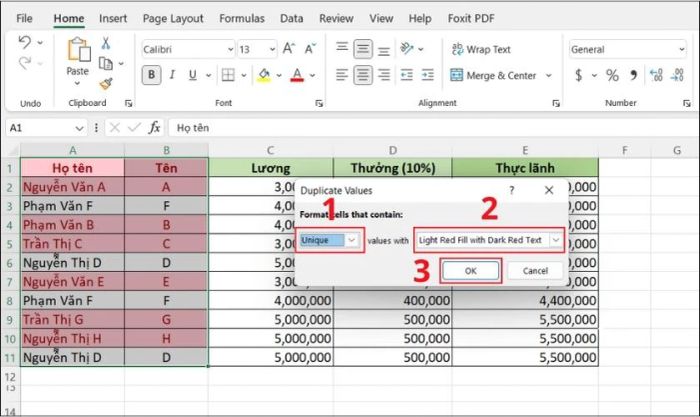 hướng dẫn sử dụng tính năng Duplicates trong Excel