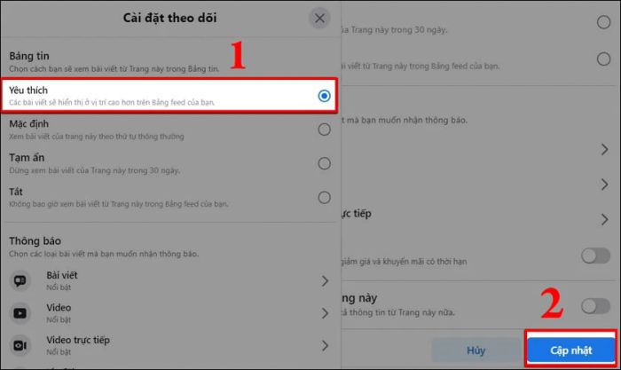 Cài đặt theo dõi thành Yêu thích và nhấn Cập nhật