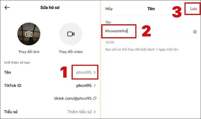 Bạn chọn mục Tên và điền tên mới vào ô trống như hình minh họa