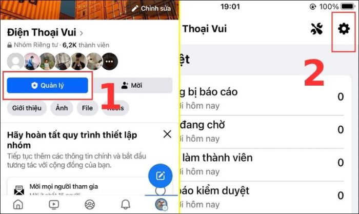 Nhấn Quản lý và chọn biểu tượng bánh răng