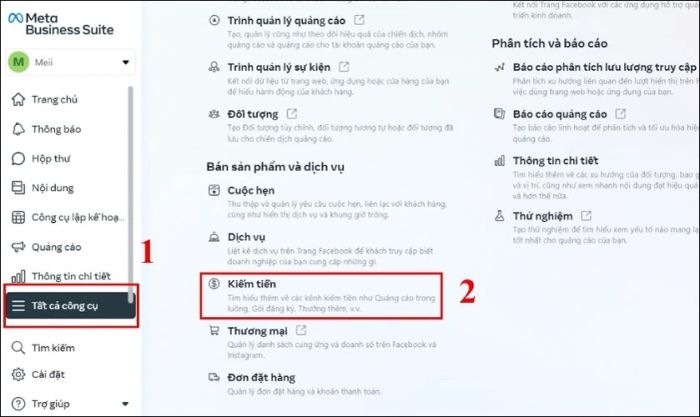 Chọn mục Tất cả công cụ trong Meta Business Suite
