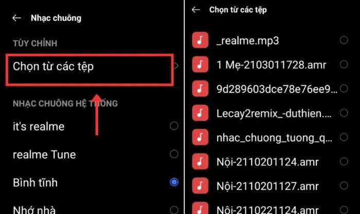 Chọn file để thiết lập nhạc chuông trên điện thoại OPPO