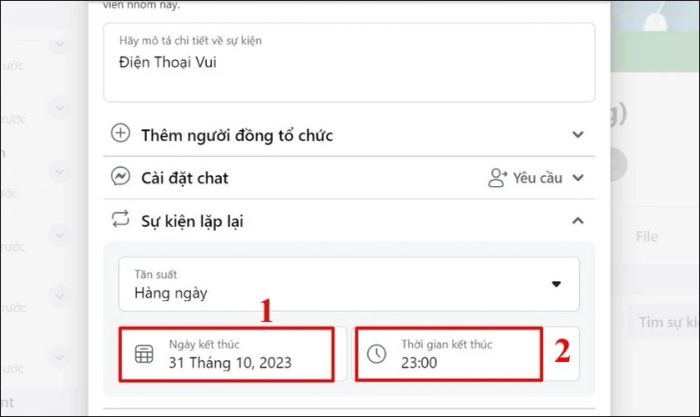 Chọn Ngày kết thúc và Giờ kết thúc để kết thúc sự kiện lặp lại