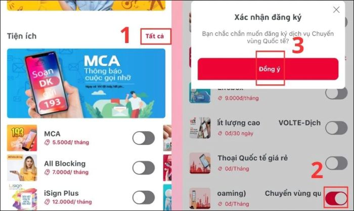 Nhấn Đồng ý tại phần Chuyển vùng quốc tế để xác nhận