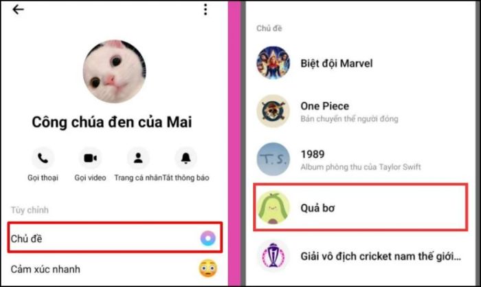 Nhấn vào tên người đang trò chuyện trên Messenger và chọn mục Chủ đề