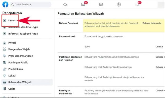 Nhấn chọn vào mục Umum (Cài đặt)