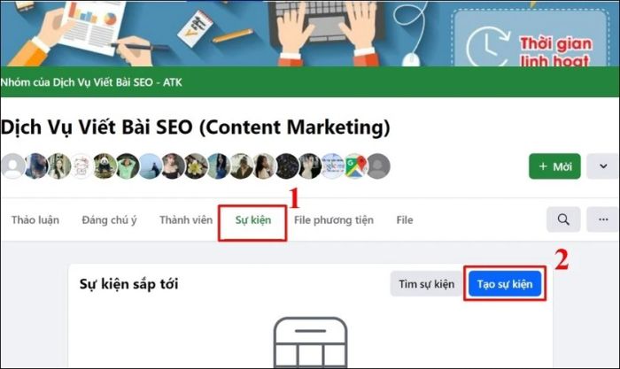 Trong tab Sự kiện của trang, chọn Tạo sự kiện để tiếp tục