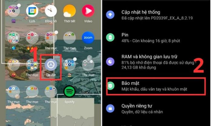 Giao diện Cài đặt và chọn mục Bảo mật